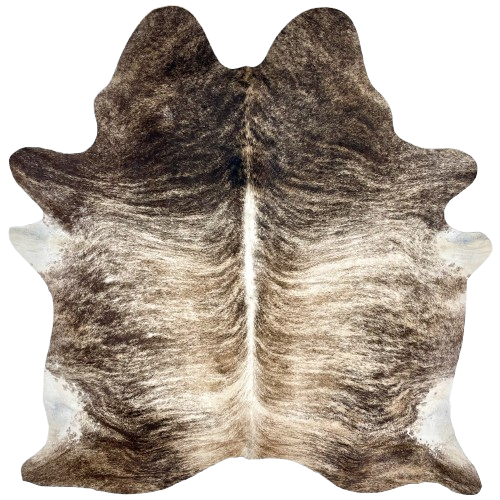 Ivory, Black, Brown Brazilian Brindle Cowhide: ivory and brown with a black and brown, brindle pattern, and white down the spine - 7' x 5'11" (BRBR1517)