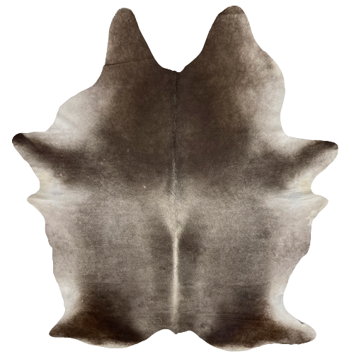 Large Gray and Dark Taupe Brazilian Cowhide, 2 brand marks: gray with dark taupe on the shoulder, butt, and shanks, and it has two brand marks near the lower edge, one on each side - 7'11" x 5'10" (BRGR199)