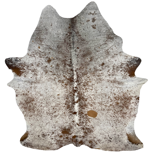 Large Brown and White Speckled Brazilian Cowhide, 1 brand mark: white with brown speckles and spots, and has one caramel spots on the right side of the back, has one brand mark on the left hind shank - 7'6" x 6' (BRSP1907)
