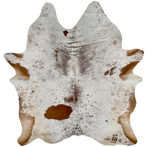 Brown and White Speckled Brazilian Cowhide, 4 brand marks: white with brown speckles and spots, three brand marks on the right hind shank, and another near the front right shank - 7'4" x 5'11" (BRSP1971)