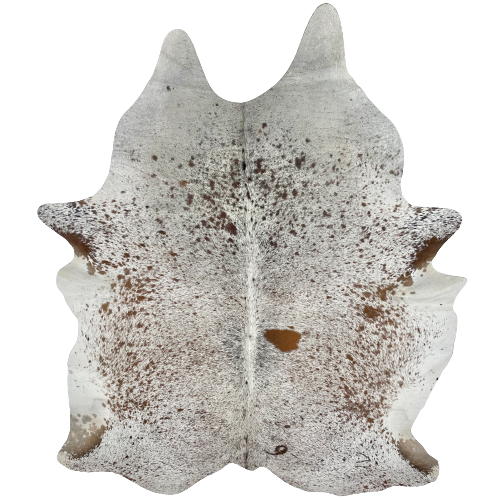 Large Brown and White Speckled Brazilian Cowhide, 2 brand marks: white with brown speckles and spots, and it has one brand mark near the right hind shank, and another on the butt, on the right side - 7'7" x 5'8" (BRSP1973)
