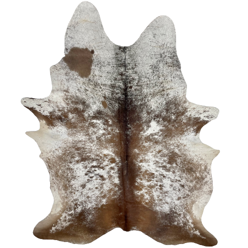 XL Brown and White Speckled Brazilian Cowhide, 1 brand mark: white with brown speckles and spots, brown with white speckles down the spine and across the lower edge, and it has one brand mark on the left side - 8' x 5'10" (BRSP1995)