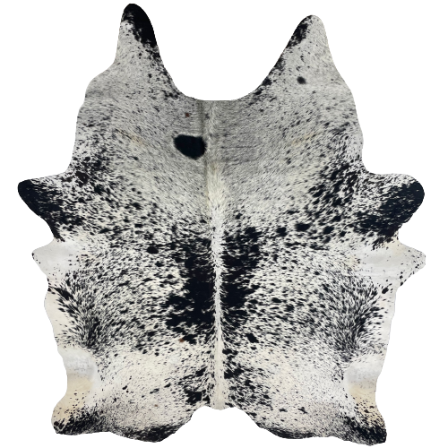 XXL Off-White and Black Speckled Brazilian Cowhide, 1 brand mark: off-white with black speckles and spots, and it has a couple small, brown spots, and it has one brand mark near the lower edge, on the right side - 8'5" x 6'9" (BRSP2038)
