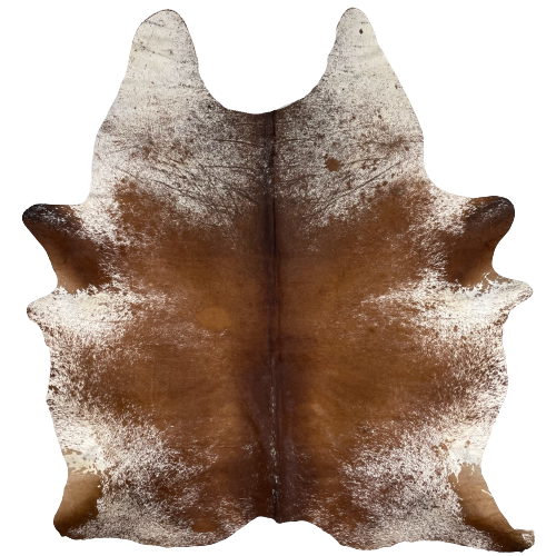Large Brown and White Speckled Brazilian Cowhide, 1 brand mark: mostly solid brown, with a few white speckles, down the middle and on the shanks, and it is white with brown speckles on the belly, neck, and part of the shoulder and shanks, and it has one brand mark on the left side, near the lower edge - 7'7" x 6'3" (BRSP2057)