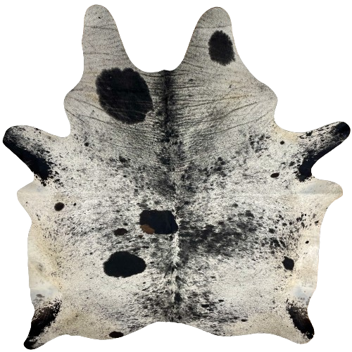 Large Off-White and Black Speckled Brazilian Cowhide, 2 brand marks:  off-white with black speckles and large and small spots, and it has one small, brown spots on the left side of the back - 7'11" x 6'5" (BRSP2500)