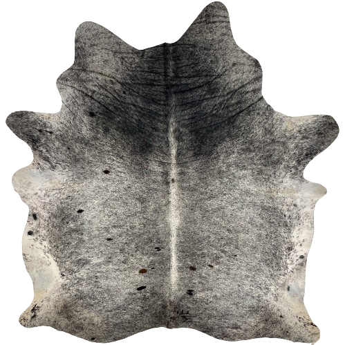 Large Black and White Speckled Brazilian Cowhide, 1 brand mark:  white with black speckles and spots, and it has two small, dark brown spots on the back, and one brand mark on the right side of the butt - 7'6" x 6' (BRSP2504)