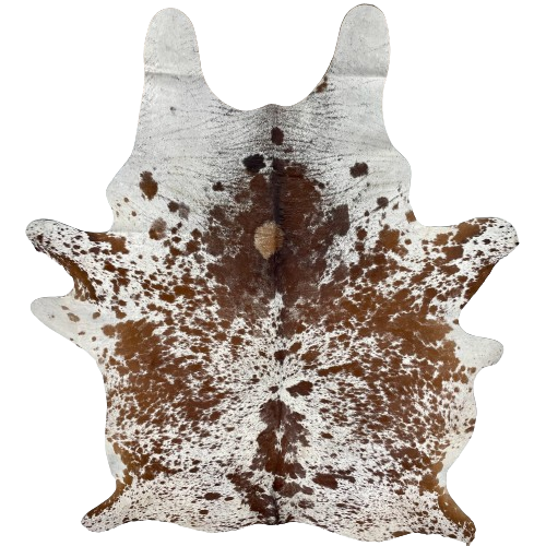 XXXL Brown and White Speckled Brazilian Cowhide, 1 brand mark:  white with brown spots and speckles, and it has one brand mark on the right side of the butt - 9' x 6'9" (BRSP2505)