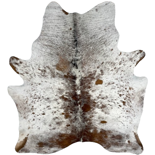 White and Brown Speckled Brazilian Cowhide:  white with brown speckles and large and small, brown spots - 6'11" x 5'7' (BRSP2506)
