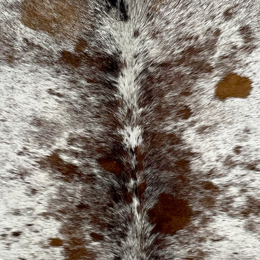 Closeup of this White and Brown, Speckled, Brazilian Cowhide, showing white with brown speckles and large and small, brown spots (BRSP2506)