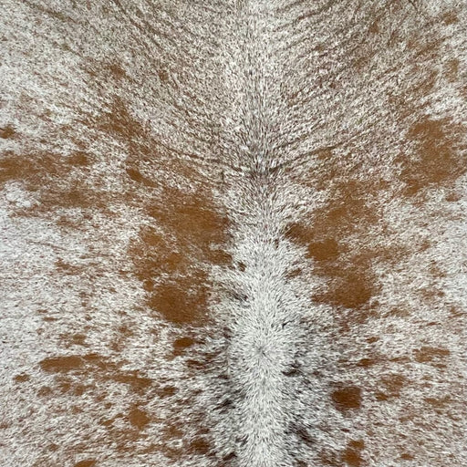 Closeup of this Large, White and Brown, Speckled, Brazilian Cowhide, showing white with brown speckles and spots, and some black speckles along the spine (BRSP2507)