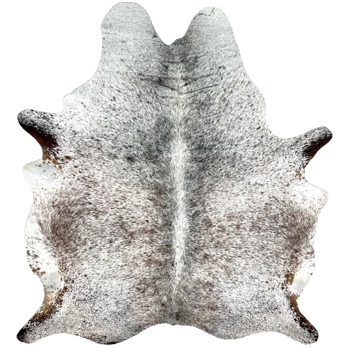 Tricolor Speckled Brazilian Cowhide, 1 brand mark: white with brown and black speckles, and it has one brand mark on the left side - 7'4" x 5'10" (BRSP2508)