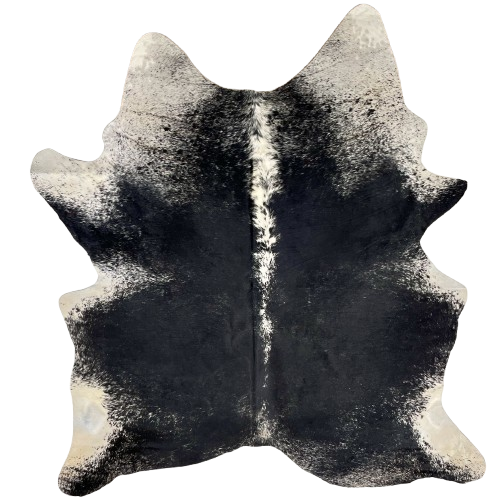 Black and White Speckled Brazilian Cowhide: black with speckles, and white with black speckles down the spine and on part of the shoulder - 7'3" x 5'8" (BRSP2982)