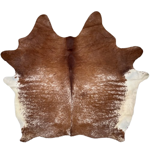 Reddish Brown and White Speckled Brazilian Cowhide: reddish brown with white speckles, and ivory on the belly - 6'8" x 6'1" (BRSP3089)