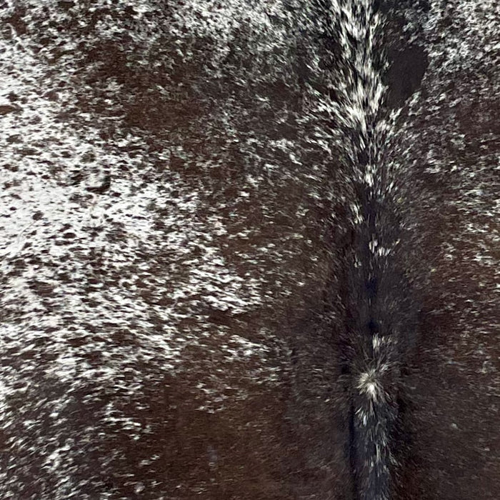 Closeup of this Large Speckled Brazilian Cowhide, showing white with dark brown speckles and spots (BRSP3135)