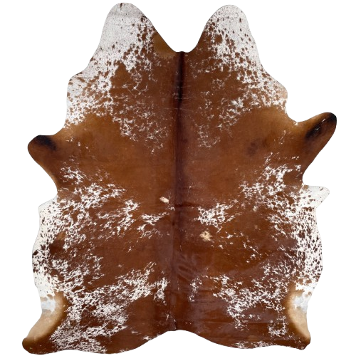 Reddish Brown and White Speckled Brazilian Cowhide: reddish brown with white spots that have reddish brown speckles - 7'2" x 5'9" (BRSP3229)
