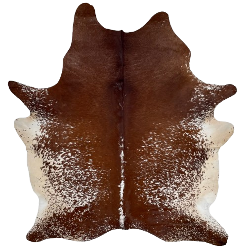 Large Reddish Brown and White Speckled Brazilian Cowhide: reddish brown with white speckles and it has almond on the belly, butt, and hind shanks - 7'6" x 6' (BRSP3233)