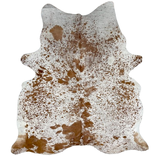 Large Brown and White Speckled Brazilian Cowhide: white with brown speckles and spots, and one brand mark on each side of the butt - 7'5" x 5'10" (BRSP3236)