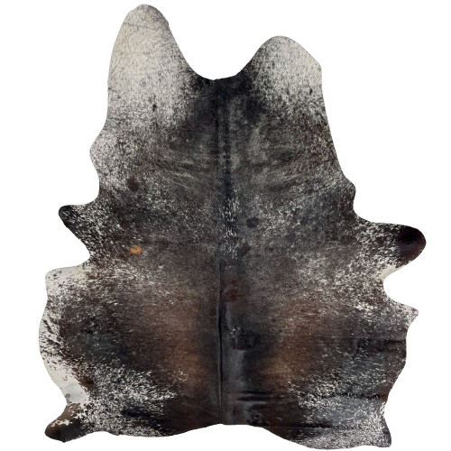 Dark Tricolor Speckled Brazilian Cowhide: has a mix of black and dark brown with white speckles, and one brand mark on the right side of the butt - 7' x 5'3" (BRSP3331)