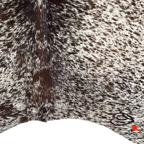 Closeup of this Large Tricolor Speckled Brazilian Cowhide, showing one brand mark on the right side of the butt (BRSP3393)