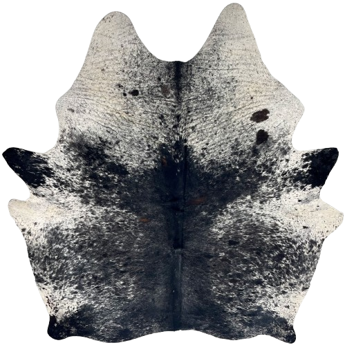 Black and White Speckled Brazilian Cowhide: white with black speckles and spots, black with fine white speckles down the middle, and a few small, dark brown spots on the back - 7'3" x 6' (BRSP3426)