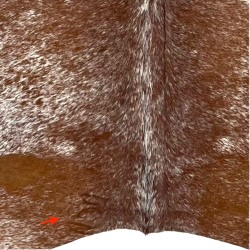 Closeup of this Speckled Brazilian Cowhide, showing one brand mark on the left side of the butt (BRSP3508)