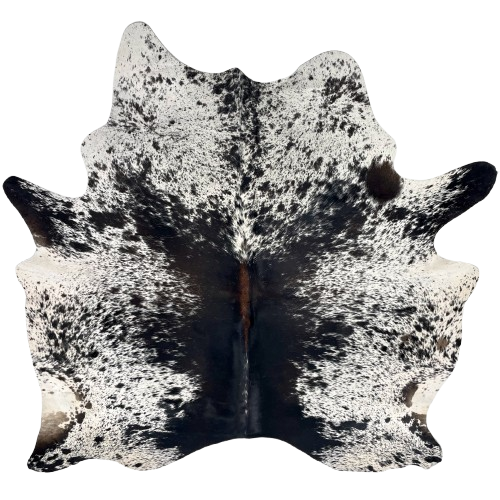 Black and White Speckled Brazilian Cowhide: white with black speckles and spots, mostly solid black down the middle of the back, and brown down part of the spine - 6'7" x 5'8" (BRSP3519)