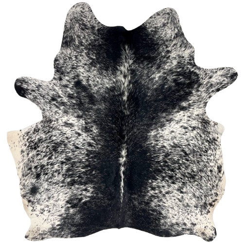 Black and White Speckled Brazilian Cowhide: white with black speckles and spots, and black with white speckles down the middle - 5'7" x 4'10" (BRSP3520)