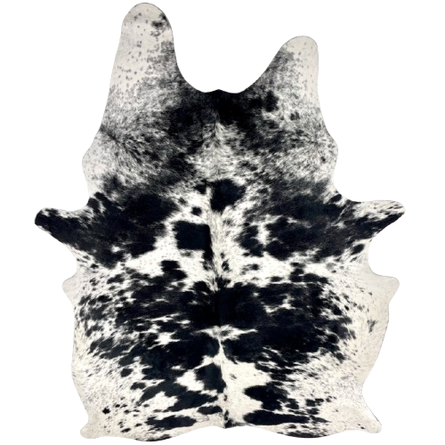 Large Black and White Speckled Brazilian Cowhide: white with large and small, black spots, and cloudy, black speckles - 7'7" x 5'1" (BRSP3529)