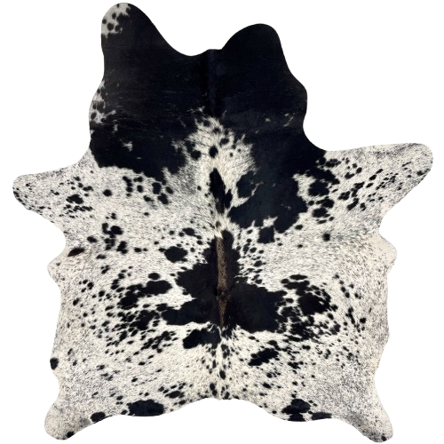 Black and White Speckled Brazilian Cowhide: white with black speckles and spots, and brown down part of the spine - 5'10" x 4'9" (BRSP3530)