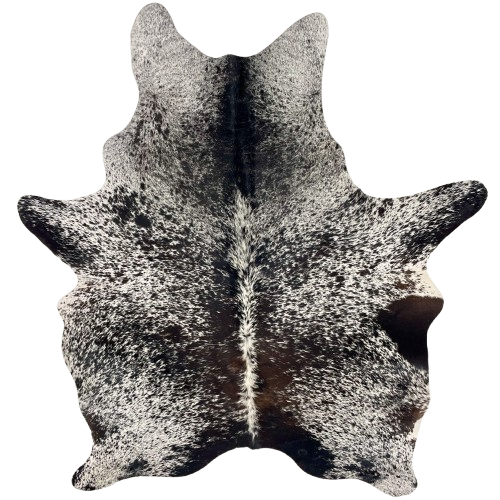 Black and White Speckled Brazilian Cowhide: white with black speckles and spots, and a dark brown spot in the middle of the lower part of the back - 6'1" x 4'6" (BRSP3533)
