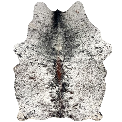 White and Black Speckled Brazilian Cowhide: white with black speckles and spots, brown down part of the spine, and one brand mark on the right side of the butt and two on the left hind shank - 6'3" x 4'6" (BRSP3535)
