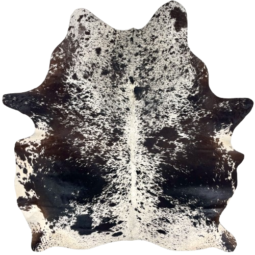 Dark Tricolor Speckled Brazilian Cowhide: white with black speckles and spots, and it has some dark brown mixed in along the belly and on the hind shanks - 6'7" x 5'6" (BRSP3538)