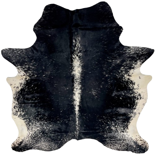 Black and White Speckled Brazilian Cowhide: black with white speckles, and off-white on the belly - 6'9' x 5'6" (BRSP3540)