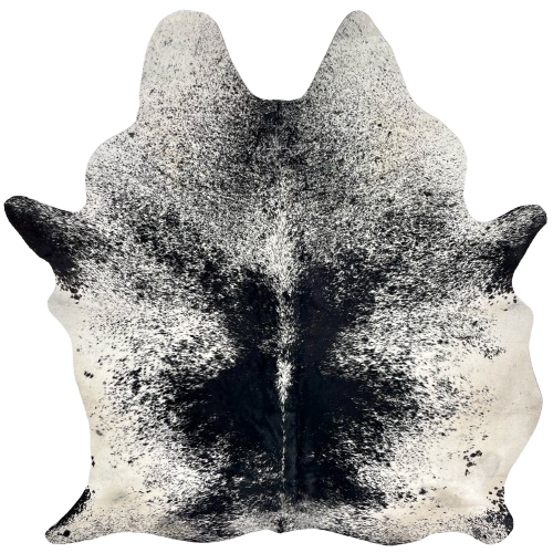 Black and White Speckled Brazilian Cowhide: white with black speckles and spots, and off-white on the belly and butt - 6'9" x 5'4" (BRSP3546)