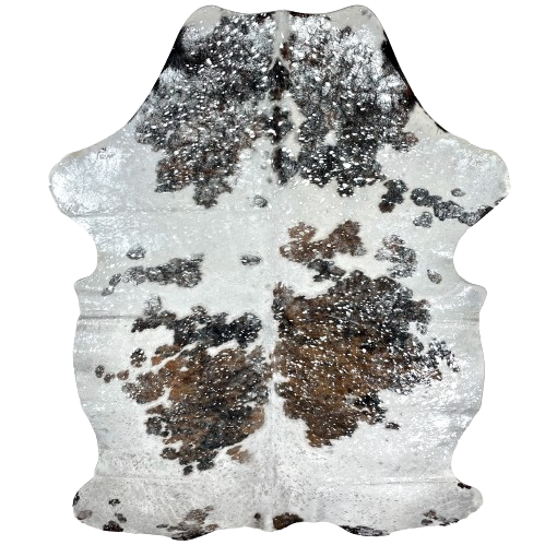 Colombian Tricolor Cowhide w/ Silver Acid Wash: white with spots that have a mix of brown and black, and it has been treated with a silver, metallic acid wash - 6'10" x 4'7" (COAW420)