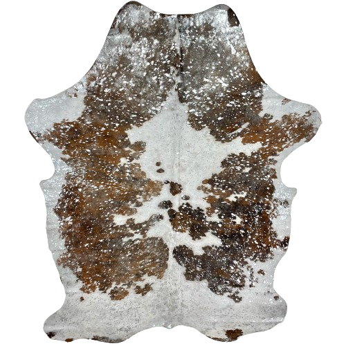 Tricolor Colombian Cowhide with Silver Acid Wash: white with brown and black spots, and it has been treated with a silver, metallic acid wash - 7' x 4'8" (COAW446)