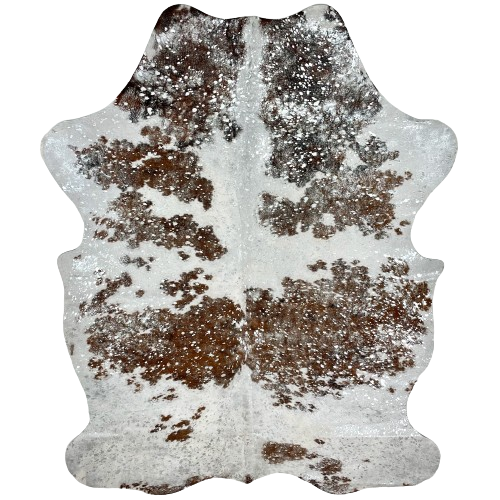 Tricolor Colombian Cowhide with Silver Acid Wash: white with brown and black spots, and it has been treated with a silver, metallic acid wash - 7' x 4'11" (COAW447)