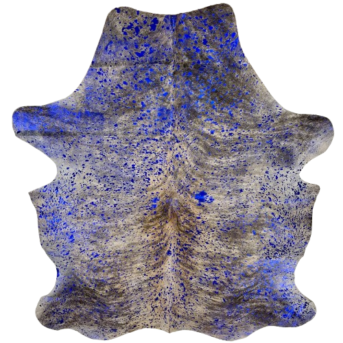 Colombian Off-Whit and Taupe Brindle Cowhide w/ Royal Blue Acid Wash: off-white with taupe, brown, and black, brindle markings and it has been treated with a royal blue, metallic acid wash - 6'11" x 5'3" (COAW489)