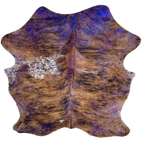 Brown and Black Colombian Brindle Cowhide with a metallic Royal Blue Acid Wash - 6'5" x 5'5" (COAW496)