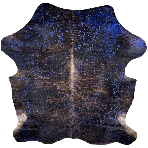 Black and Brown Colombian Brindle Cowhide with a metallic Royal Blue Acid Wash - 7'2" x 5'8" (COAW499)