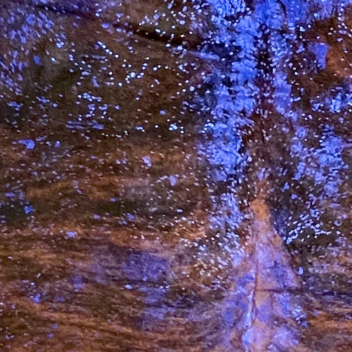 Closeup of this XXL Colombian Brindle Cowhide, showing  brown with black, brindle markings, and a metallic, blue acid wash (COAW514)