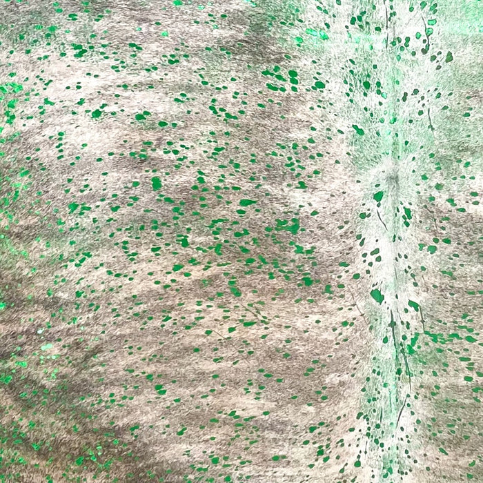 Closeup of this Colombian Brindle Cowhide, showing white and off-white with black and gray, brindle markings, and a metallic, green acid wash (COAW524)