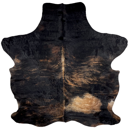Black and Light Brown Colombian Brindle Cowhide: black and light brown, and it has a large spot on the right side that has a mix of light brown and light tan - 6'9" x 5'3" (COBR1033)