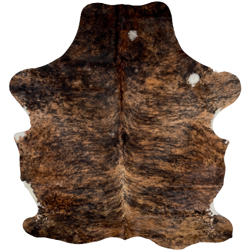 Black and Brown Colombian Brindle Cowhide: brown and black, with two small, white spots on the shoulder, and white on part of the belly - 7'1" x 5'4" (COBR984)