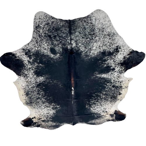 XL Black and White Speckled Colombian Cowhide: white with black speckles and spots, mostly solid black down the middle, and dark brown down part of the spine - 8'2" x 6' (COSP3352)