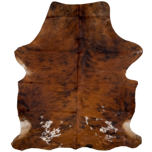 Colombian Tricolor Cowhide: has a red brown and black, brindle pattern, and a few small, white spots on the lower back and butt - 6'4" x 4'9" (COTR1450)