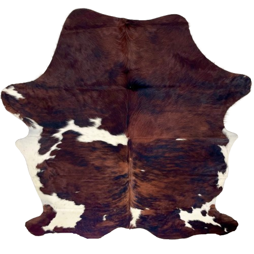 Large Colombian Tricolor Cowhide: has a mix of red brown and black, and small and large, white spots - 7'7" x 5'10" (COTR1488)