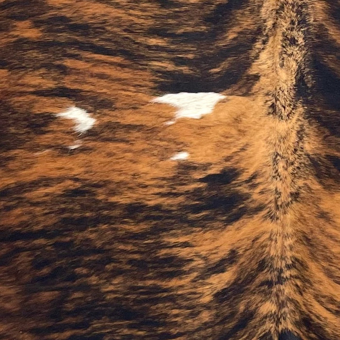 Closeup of this Large Tricolor Colombian Cowhide, showing a black and brown, brindle pattern, and small off-white spots with black speckles  (COTR1511)