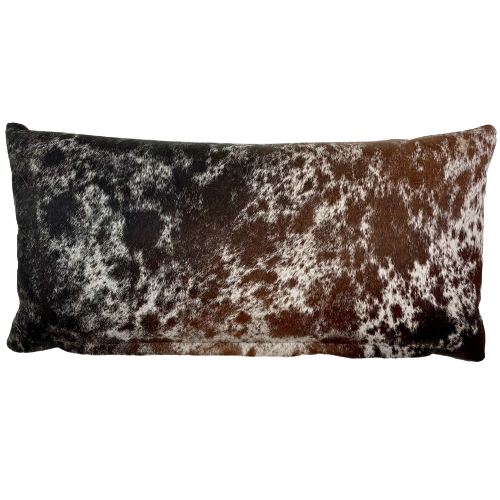 Lumbar Pillow - Tricolor Speckled Cowhide, showing white with brown and black speckles and spots - 24" x 12" (LPIL100)