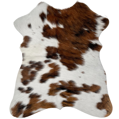 Tricolor Mini Cowhide: white with spots that have a brown and black, brindle pattern - 2'8" x 2'3" (MINI216)